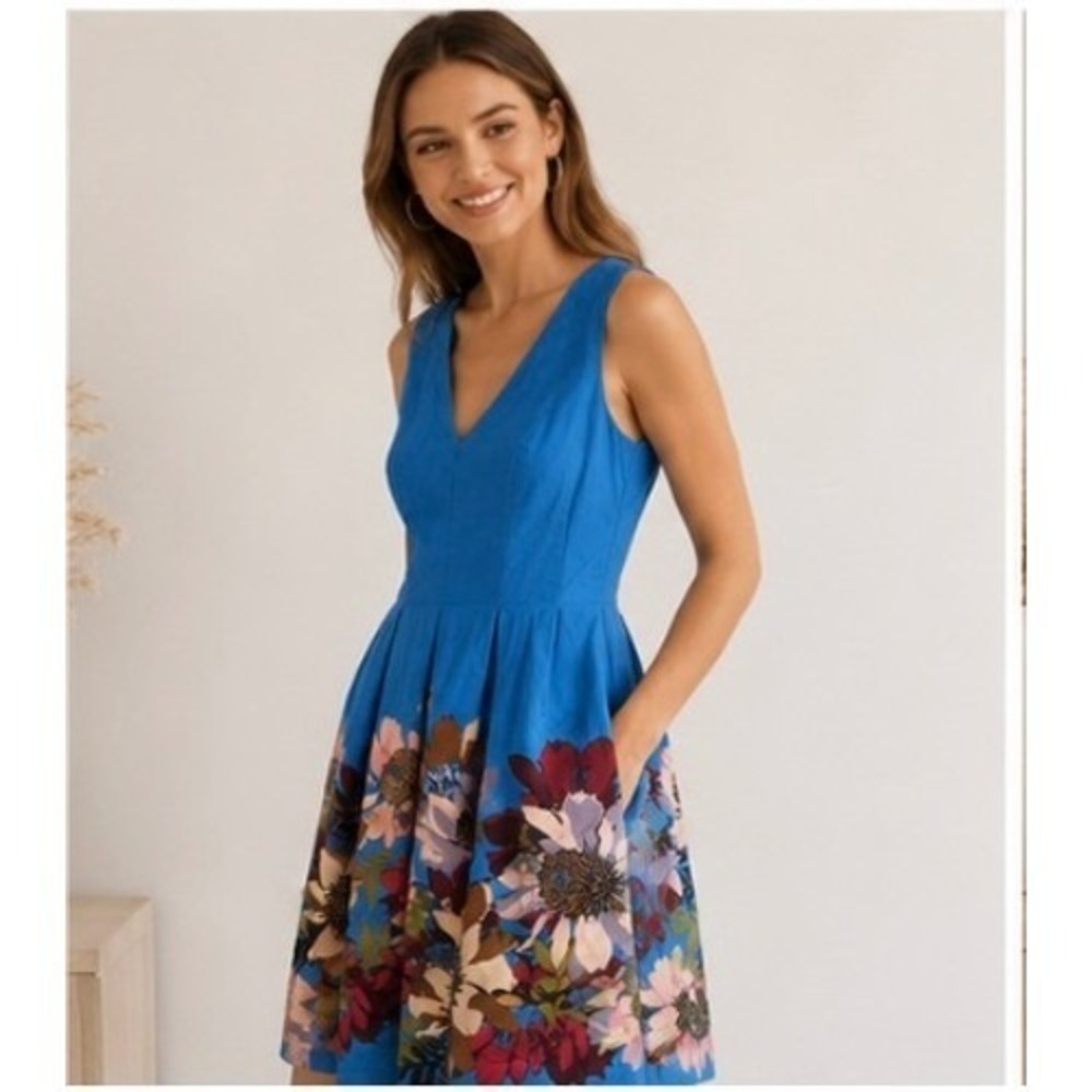Tracy Reese Anthropologie Blue Floral Border Print V-Neck Fit Flare Dress 12P